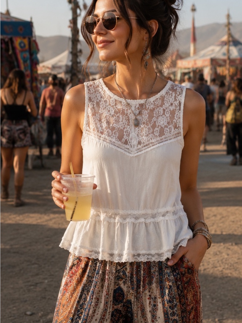 Pol White Lace Yoke Peplum Camisole